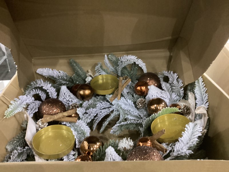 Condition photo showing As Is for Large Christmas Dining Table Centerpiece Wreath Decoration, 3 Arms Christmas Candlestick Wreath Arrangement for Home Indoor Dining Room Kithchen Decor, 28 Inch Diameter