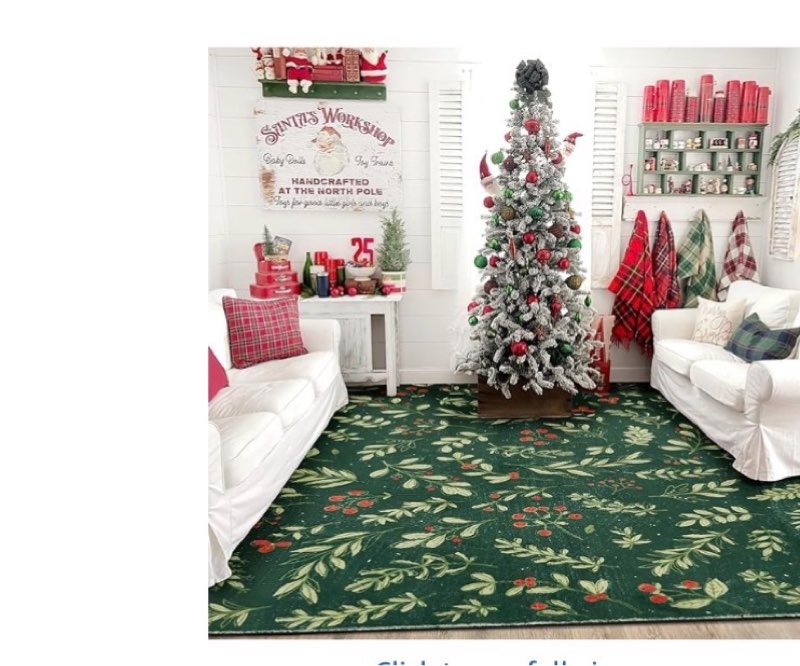 Washable Vintage Floral Christmas 5x7 Area Rugs Non Slip - Ultra Thin Soft Xmas Tree Green Berries H