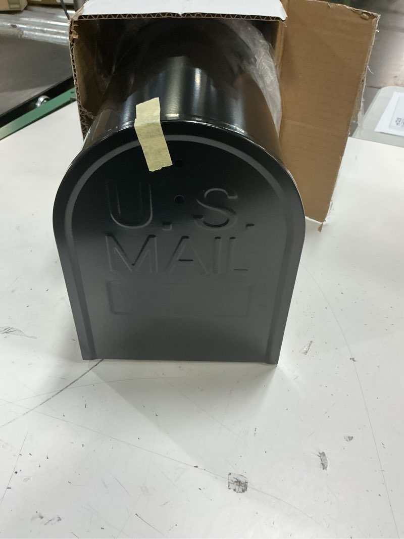 Condition photo showing As Is for black metal mailboxes for outside post mount, standard mail box, galvanized steel heavy duty mailbox, medium capacity, 19 x 8.7 x 6.7 inches