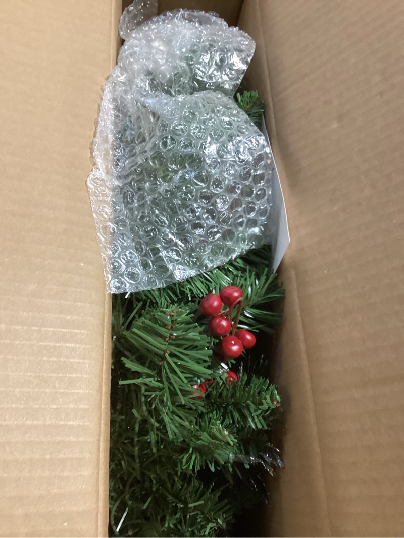 Condition photo showing As Is for National Tree Company 24 in Pre-Lit Wintry Pine Artificial Christmas Wreath, Christmas Decoration with Pinecones, Red Berries, Snowy Bristle, 50 Clear Lights, 113 Tips, Green 24 in w/ Plug In Wreath