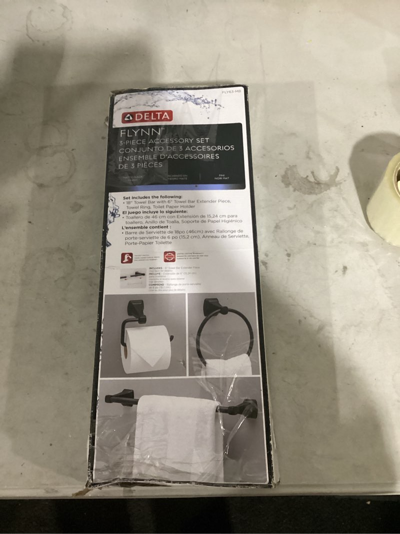 Condition photo showing Good Condition for delta 3-piece flynn matte black decorative bathroom hardware set with towel bar,toilet paper holder and towel ring