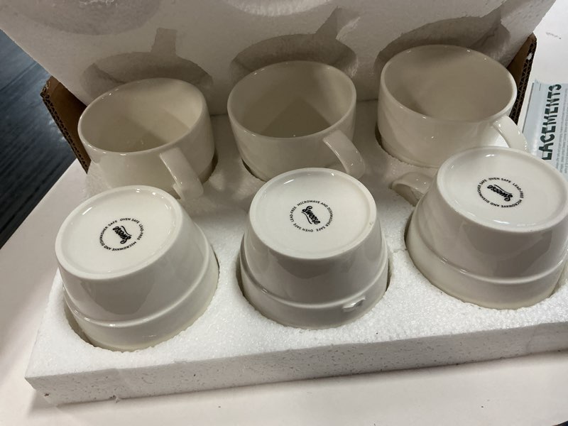 Condition photo showing As Is for sweese porcelain espresso cups set of 6 - stackable 10 ounce espresso coffee mugs for cappuccino, mocha, tea - dishwasher friendly – ideal for home and café, white 3.8 inch