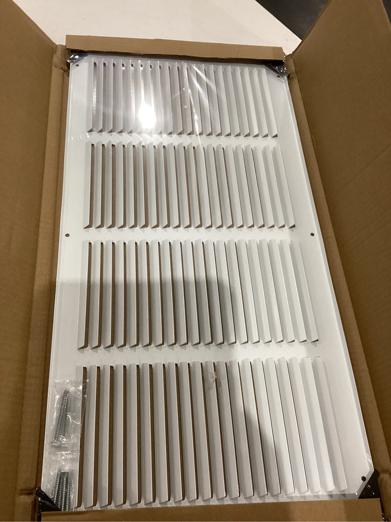Condition photo showing Good Condition for fits 22x10 duct opening | steel return air grille by handua | vent cover grill for sidewall and ceiling | white | hvac cold air intake grille | outer dimensions: 23.75"w x 11.75" 1 22"w x 10"h [duct opening]