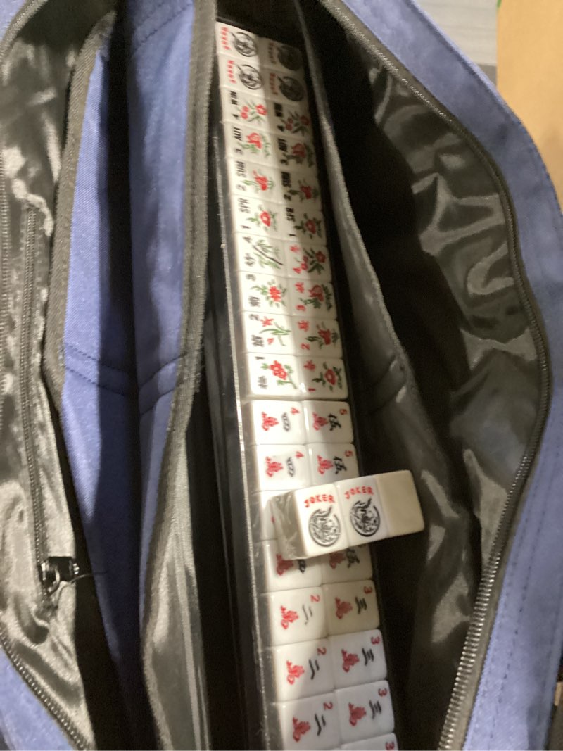 Condition photo showing Good Condition for american mahjong tile set,166 white tiles mahjong set,4 colors mahjong racks,travel mahjong set with blue carrying bag blue bag--white
