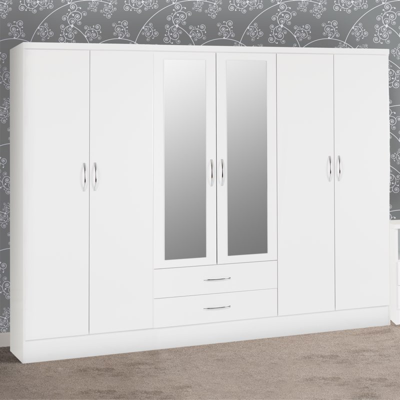 Gaytes Armoire 72.12'' H 90.7'' W with 6 Doors Wardrobe High Gloss Finish 2 Mirrors 2 Storage Drawers