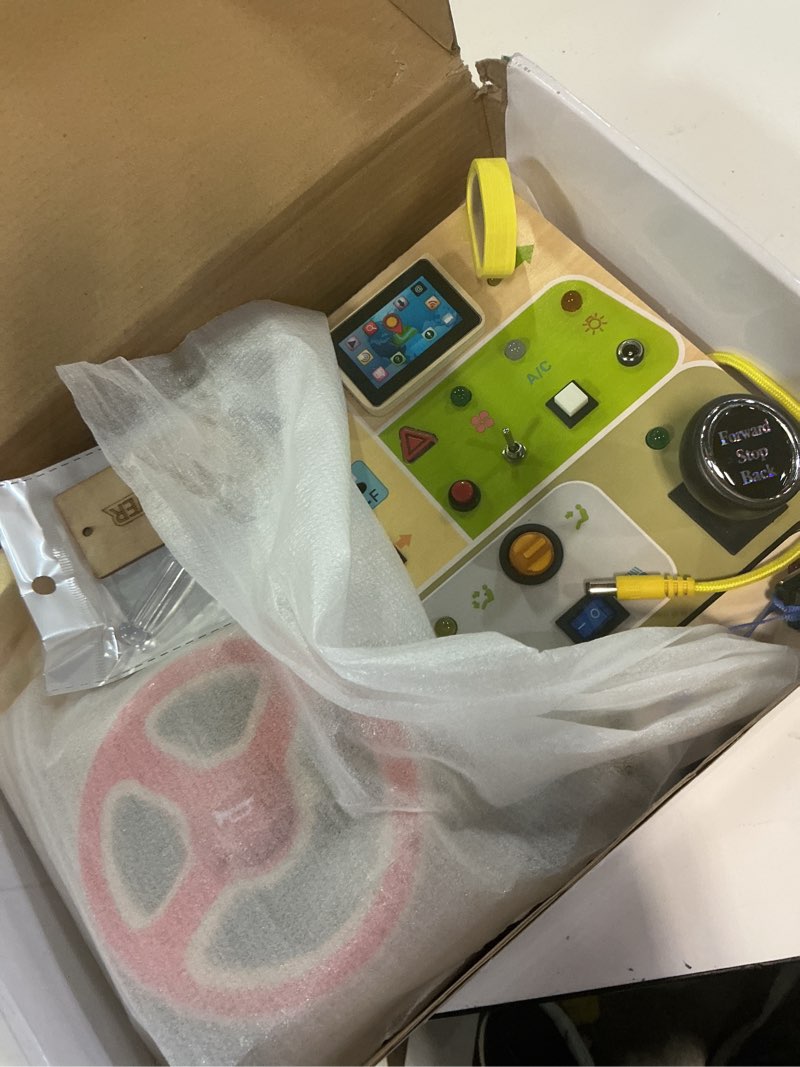 Condition photo showing New/Like New for jgobub montessori toddler toys - baby wooden busy board - sensory toys with light switch - travel toys for educational toddler activities for toddlers 3 4 5 6+ year old steering wheel busy board