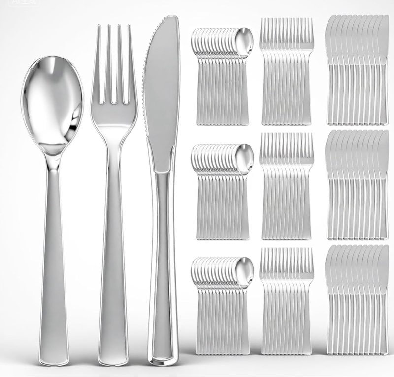 ei 360pcs silver plastic silverware heavy duty,plastic spoons and forks,disposable cutlery include 120pcs forks,120pcs spoons and 120pcs knives for christmas new year's party