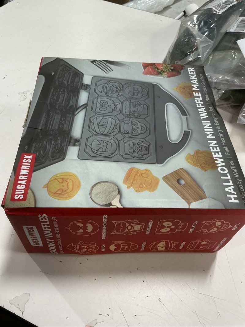 Condition photo showing New/Like New for Spooky Mini Waffle Maker for Kids, Mini Pancake Maker Machine, Electric Small Waffle Iron, 8 Fun Character Waffle Maker, Gift for Christmas Halloween, White