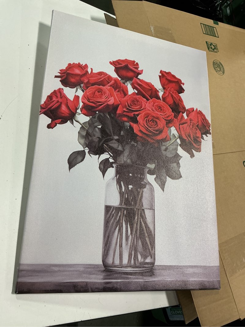 Condition photo showing Good Condition for MODOJOART Red Rose Canvas Wall Art, Red Roses in Glass Bottle Painting Print Botanical Aesthetic Flowers Poster Picture for Bedroom Living Room Decor(Artwork-04, 16"x24") Flower Art 04 24"L x 16"W