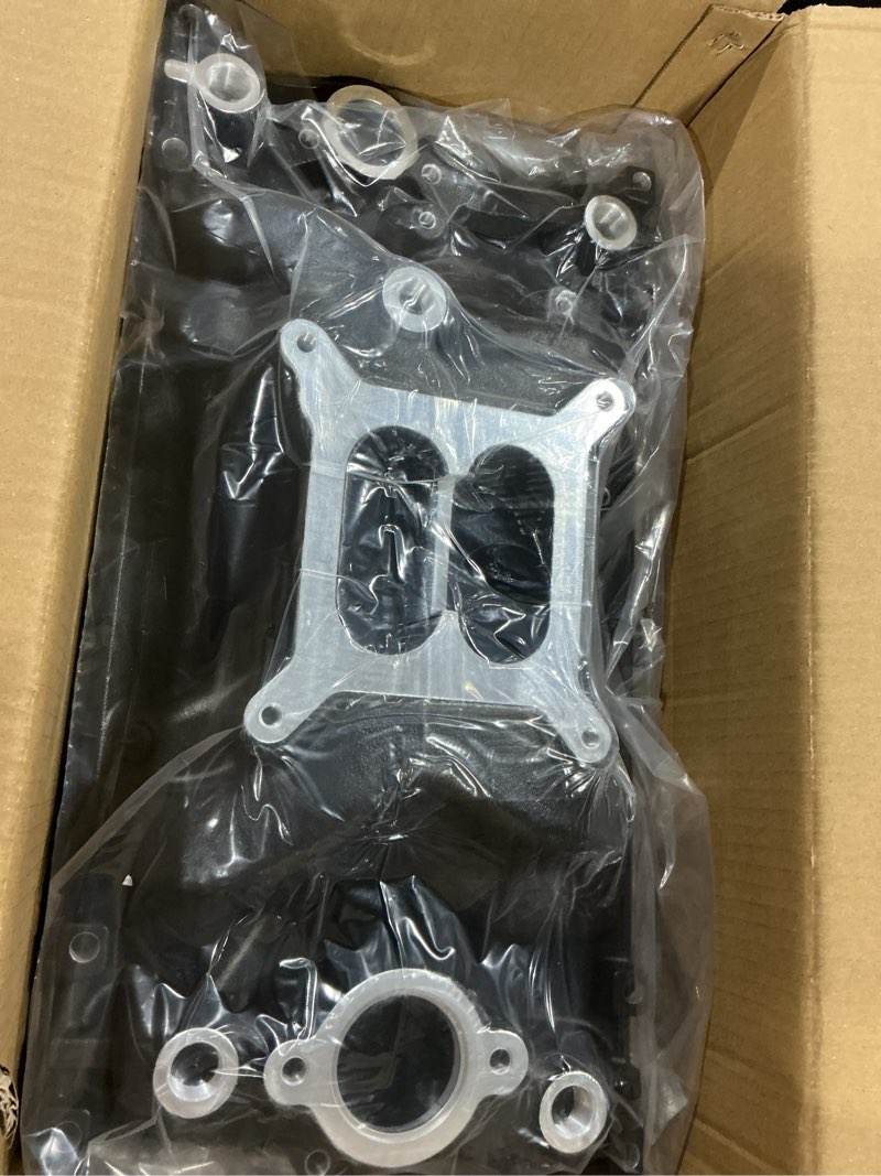 Condition photo showing Good Condition for 2028 7516 52028 intake manifold aluminum performance dual plane air gap compatible with chevy vortec 1996-up sbc 283 307 350 327 engine 1500-6500 rpm 2028-black