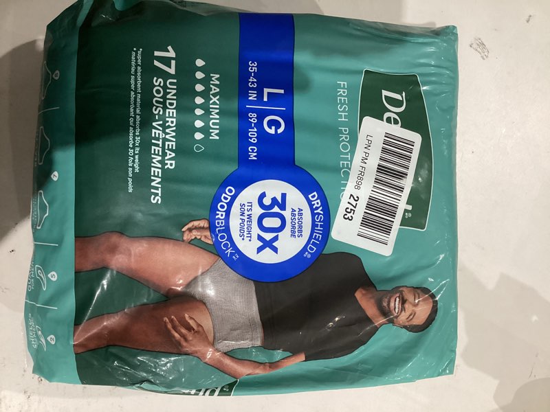 Condition photo showing New/Like New for depend fresh protection adult diapers, incontinence underwear for men, disposable, maximum, large, grey, 17 count, packaging may vary large 17