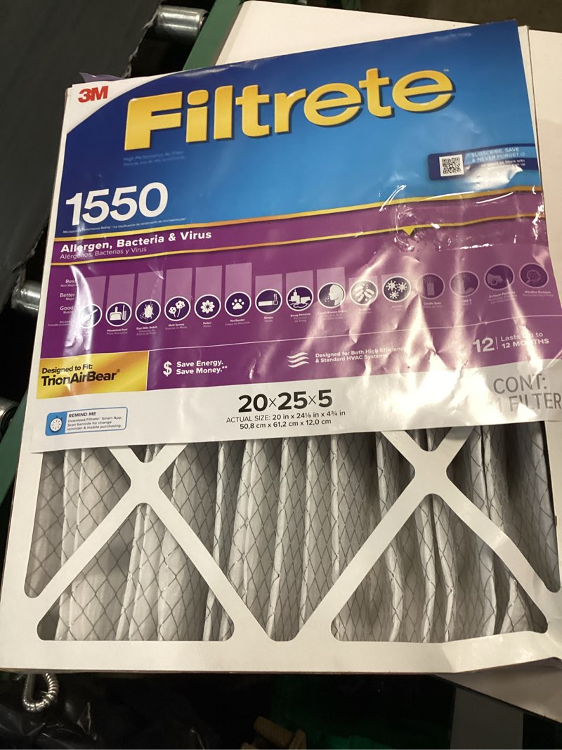Condition photo showing As Is for filtrete 20-in w x 25-in l x 5-in merv 12 1550 mpr allergen, bacteria and virus electrostatic pleated air filter