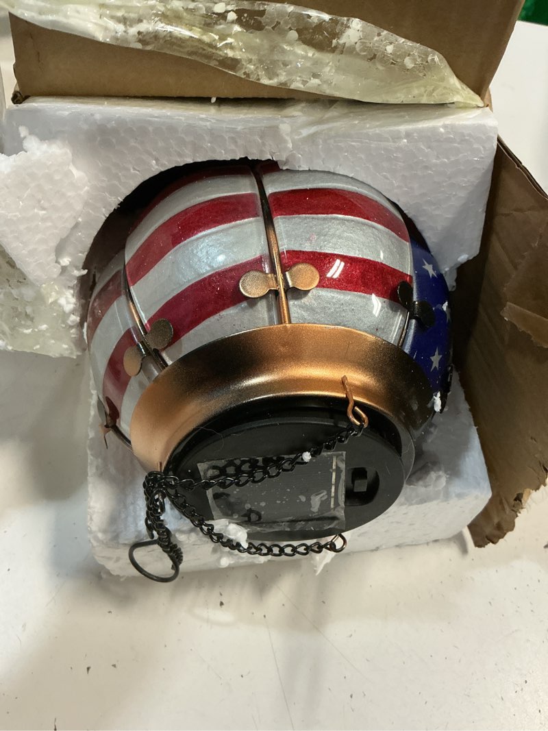 Condition photo showing Good Condition for larekook solar hot air balloon lantern with flame flickering,glass hot air balloon solar lantern outdoor waterproof hanging garden light for patio porch yard,birthday gifts for women(american flag)