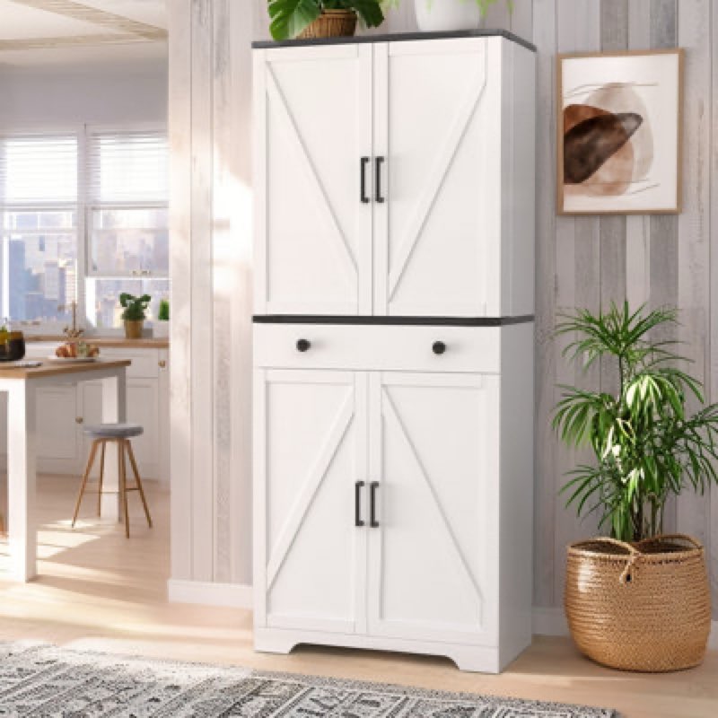 (Incomplete) Demyra 72\" Tall Storage Pantry Cabinet, Farmhouse 4 Barn Doors And 1 Drawer