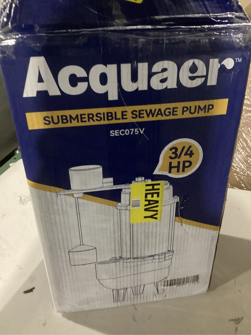 Condition photo showing New/Like New for acquaer sewage pump submersible water pump with automatic float switch, for sump basin, residential sewage, black, 2'' npt 3/4 hp 6400 gph vert. float 2'' npt 3/4 hp 6400 gph vert. float black