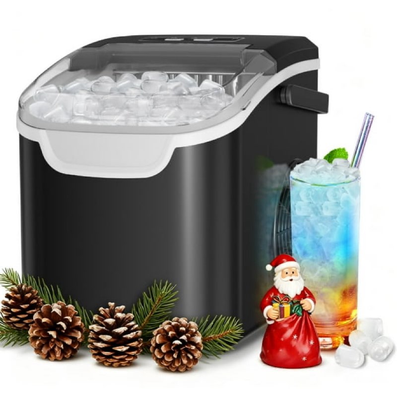  auseo countertop ice maker machine, 26 lbs/24h, 2 sizes of bullet ice cubes, 8 cubes ready in 6 mins, self-cleaning, black