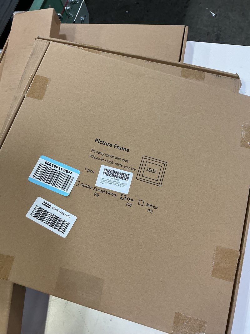 Condition photo showing New/Like New for 16×16 Oak Solid Wood Picture Frames With HD Glass, Square Frame With Mat For 12x12 Picture or Picture Display 16x16 Without Mat, double color mat, wall & tabletop picture frames. 16x16 Oak