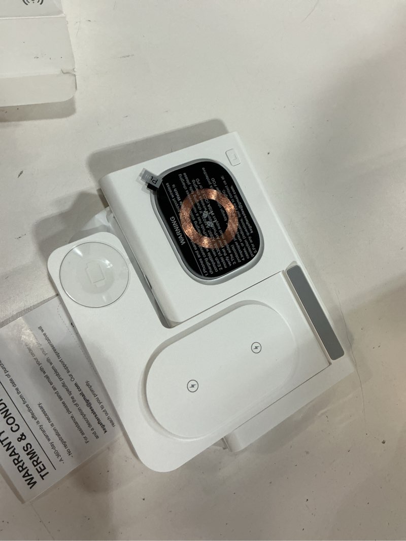 Condition photo showing Good Condition for 3 in 1 foldable charging station for apple products,wireless charger for iphone 17 16 15 14 13 12 pro max,travel dock adapter&light for iwatch series 11 10 9 ultra 3/2 se 3/2,for airpods 4 3 2 pro 3/2 white