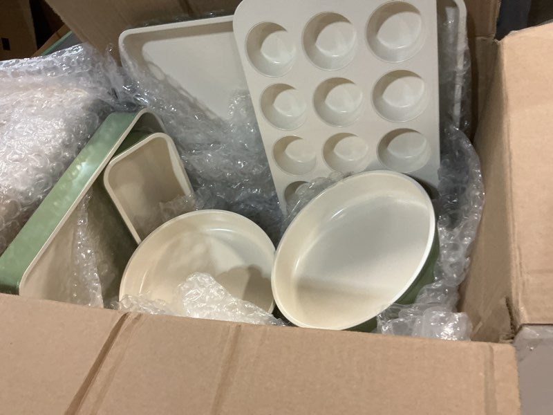 Condition photo showing Good Condition for GreenLife 6 Piece Nonstick Bakeware Set, Non-Toxic PFAS-Free Ceramic Oven Pans, Dishwasher & Oven Safe to 450°F, Easy Release Baking Sheet, Loaf Pan, Rectangle & Round Cake, Muffin Pan, Sage 6 Piece Bakeware Set Sage