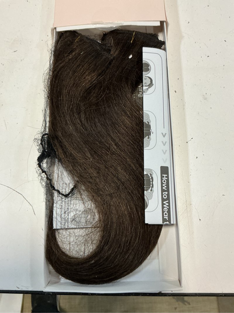 Condition photo showing As Is for hairro 6pcs clip in short human hair extensions, single clip design 100% real hair with lace weft, seamless thin hairpieces add highlights, 10 inch short 31g #2r dark brown 10 inch #2r dark brown