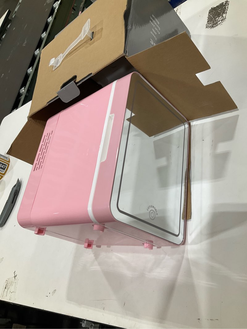 Condition photo showing Good Condition for cutieworld skincare fridge with dimmable led light mirror, 4l mini fridge for desktop, travel or cool & heat, makeup fridge for cosmetics, skin care and food, pink