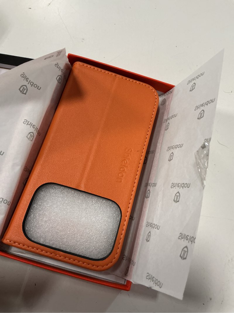 Condition photo showing New/Like New for shieldon case wallet for iphone 17 pro 6.3-inch | genuine leather, rfid blocking credit card holder, magnetic closure, folio design, kickstand, tpu soft full protective cover 2025 - orange