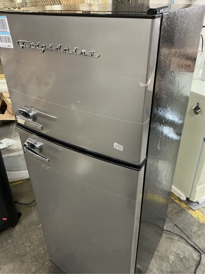 Condition photo showing As Is for frigidaire, 2 door apartment size refrigerator/freezer combo, 7.5 cu ft, platinum series, stainless, 23" d x 21.5" w x 55.5" h