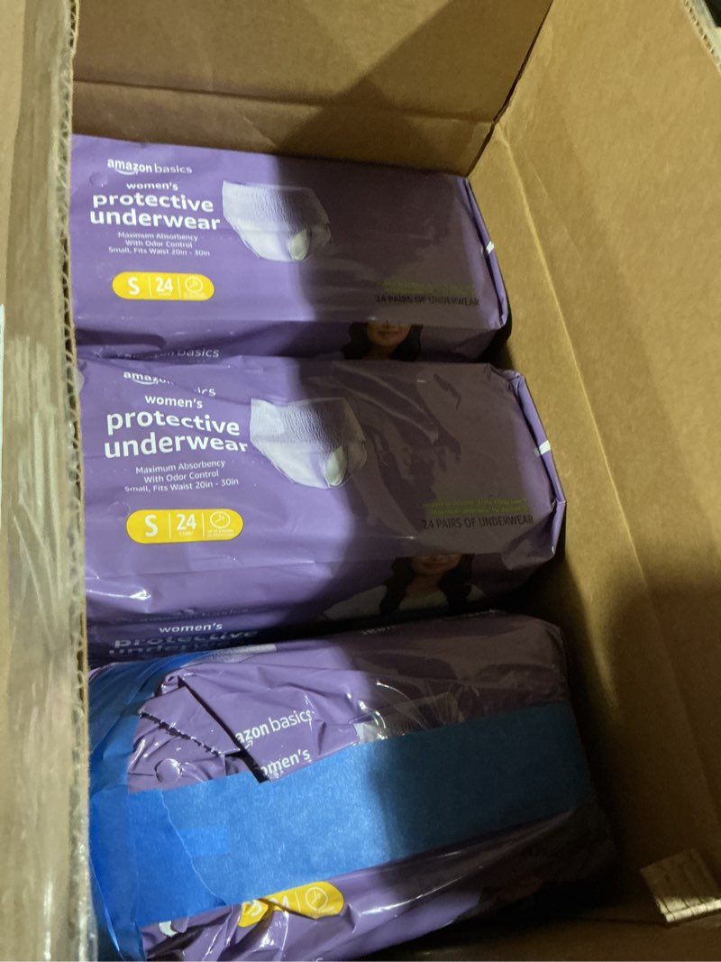 Condition photo showing Good Condition for amazon basics incontinence underwear for women, protective, disposable, postpartum, maximum absorbency, small, lavender, 72 count (3 packs of 24) small 72