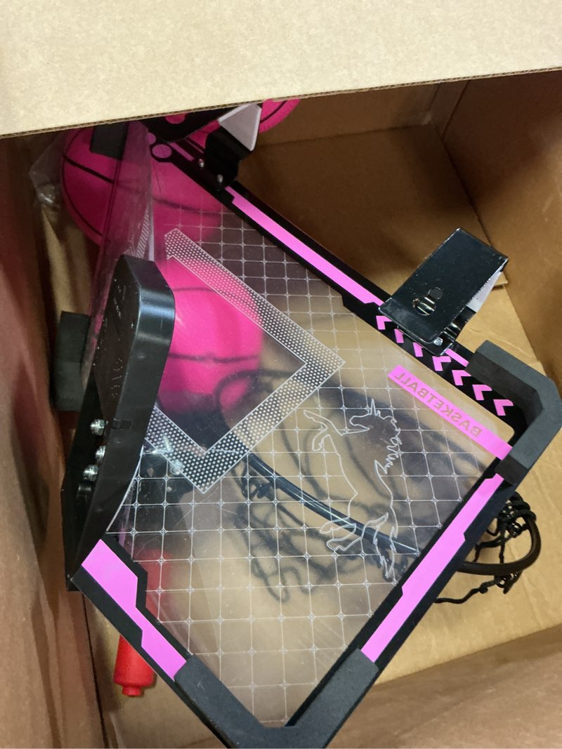 Condition photo showing As Is for Indoor Basketball Hoop with Electronic Scoreboard and LED Light, Pink Over The Door Basketball Toy, for Kids Aged 4, 5, 6, 7, 8+Years Old