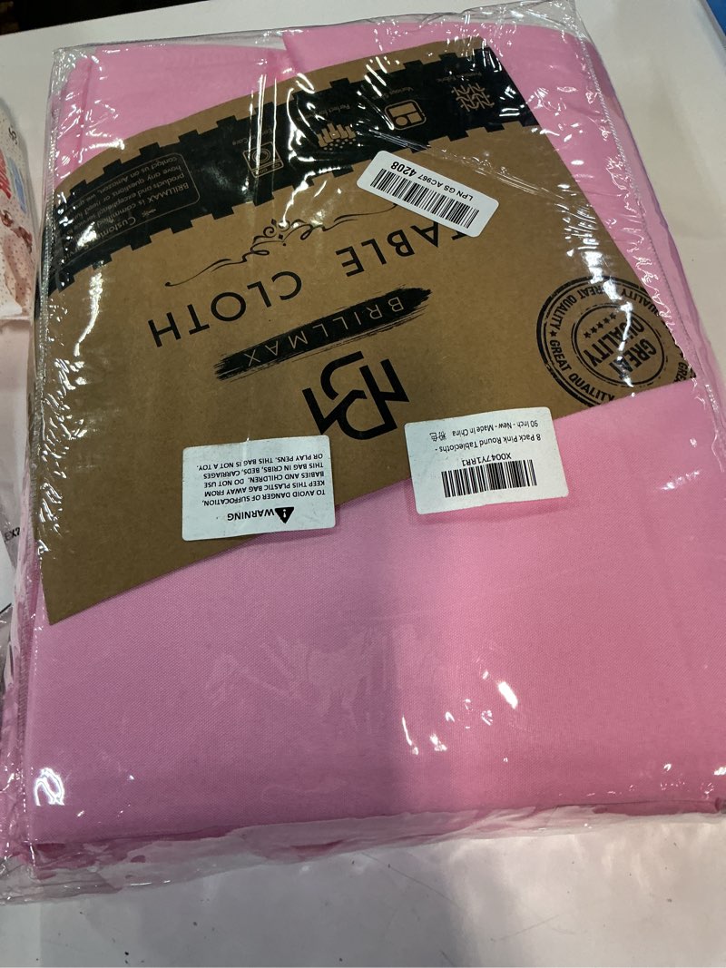 Condition photo showing New/Like New for brillmax 8 pack pink round tablecloths 90 inch for 60” tables - 150 gsm polyester fabric, 15" standard drop, water, stain & wrinkle resistant cloth cover for wedding reception banquet dining party pink 90 in, 8 pack