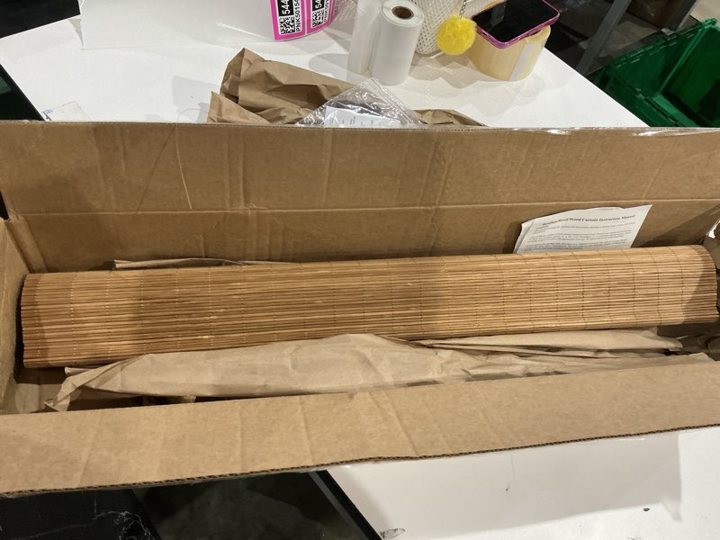 Condition photo showing As Is for not exact but similar to outdoor reed roller blinds, retro bamboo roller blinds, anti-uv and waterproof, suitable for indoor/outdoor porch privacy, lifting, sun protection-carbonizedcolor-20x40in?wxh