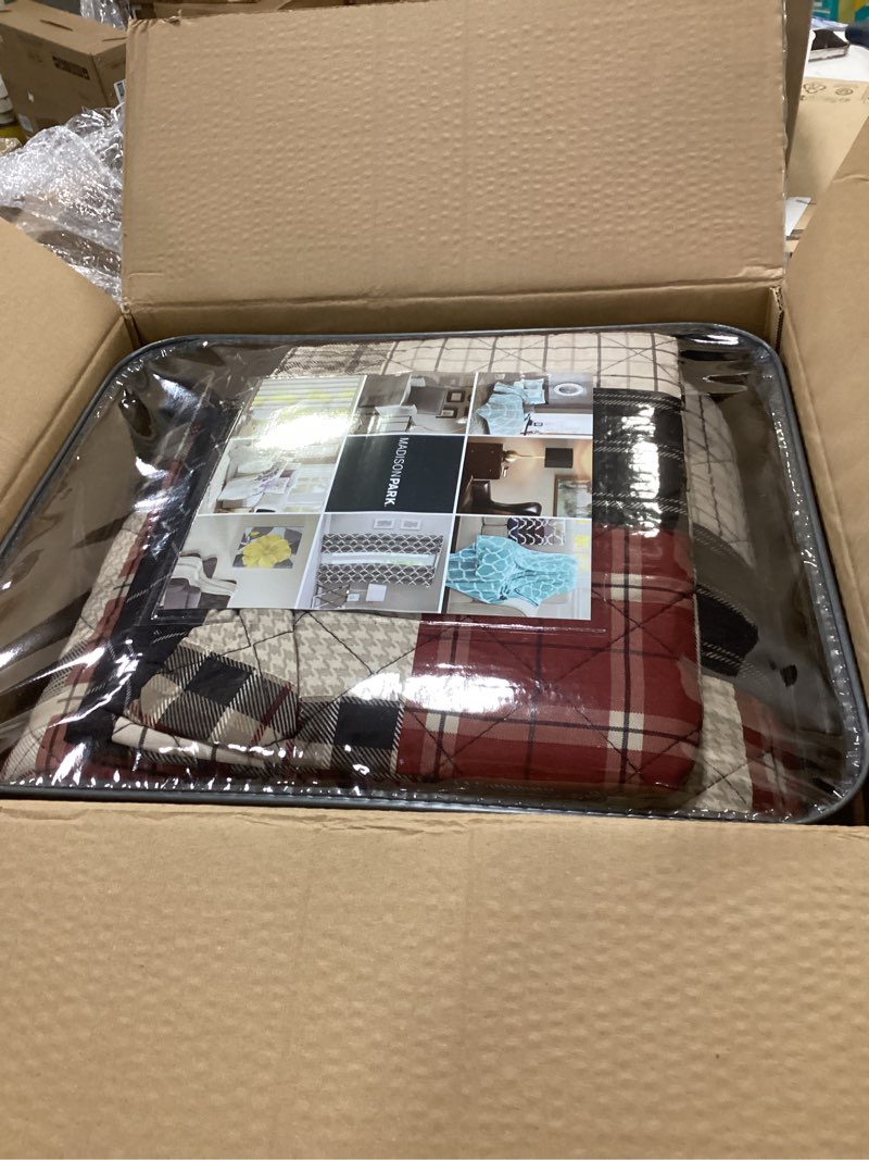 Condition photo showing Good Condition for Madison Park Queen Quilt Set Patchwork Farmhouse, Diamond Quilting Reversible Coverlet Set for Queen Size Bed, Plush Cotton Filled Quilt Set Queen Size, Shams Full/Queen Red/Black 3 Piece Timber Red/Black 3 Piece Full/Queen