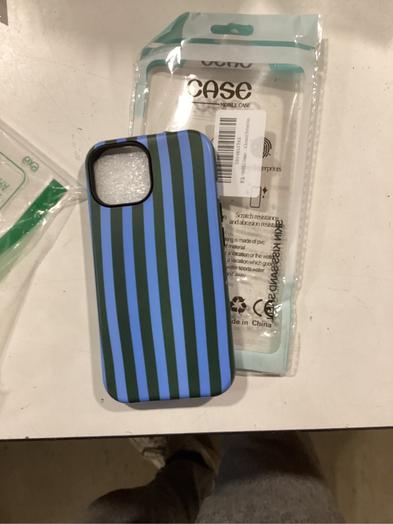 Condition photo showing Good Condition for compatible with iphone 15 matte case, green and blue stripes geometric vertical line pattern for girl full body design soft silicone drop shock scratch protection green and blue stripes geometric vertical line iphone 15