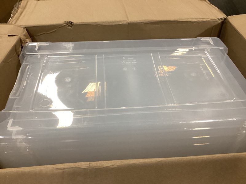 Condition photo showing Good Condition for IRIS USA 72 Qt Stackable Plastic Storage Bins with Lids, 4 Pack - BPA-Free, Made in USA - See-Through Organizing Solution, Latches, Durable Nestable Containers, Secure Pull Handle - Clear Clear 72 Qt 4 Pack