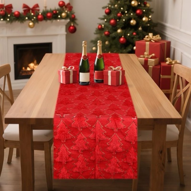 Artoid Mode Christmas Trees Red Soft Plush Faux Fur Jacquard Christmas Table Runner, Holiday Kitchen