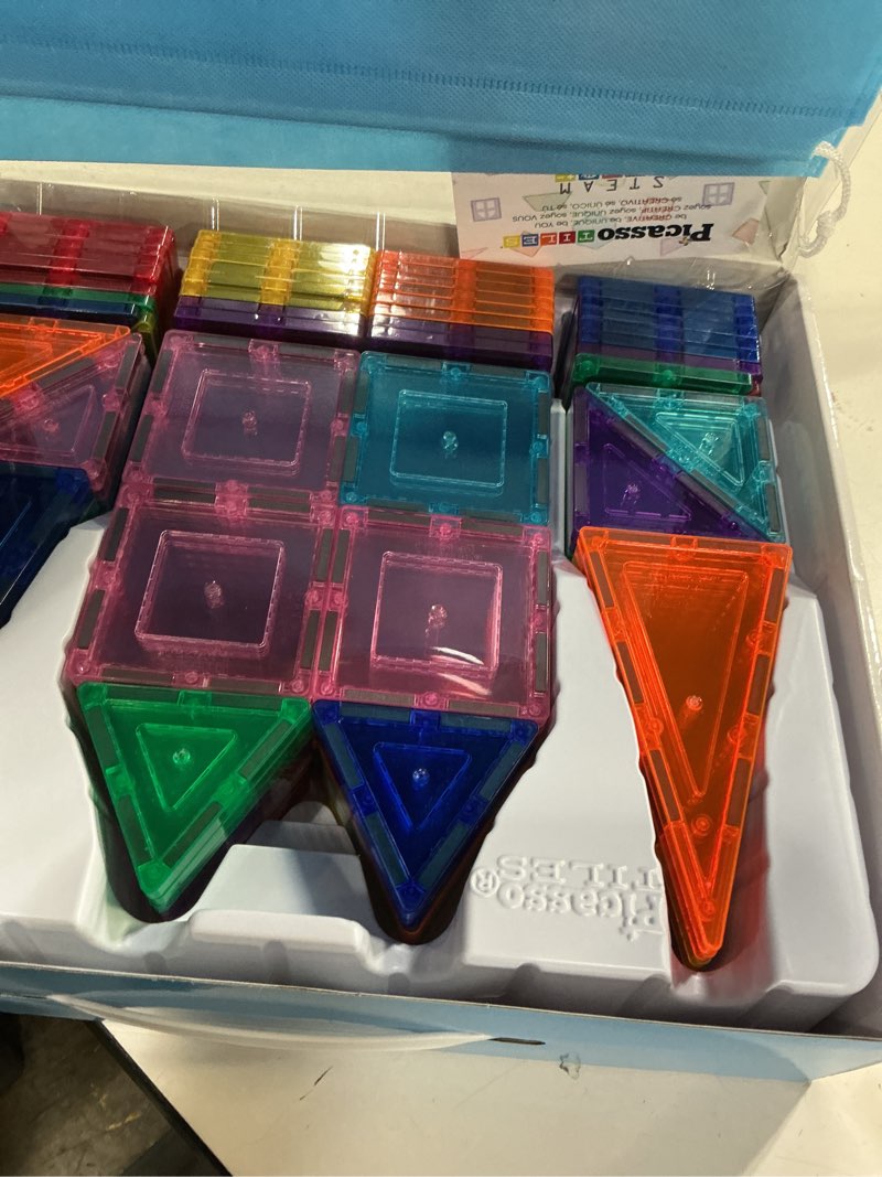 Condition photo showing Good Condition for picassotiles 100 piece set 100pcs magnet building tiles clear magnetic 3d blocks construction playboards, creativity beyond imagination, inspirational, recreational, educational conventional