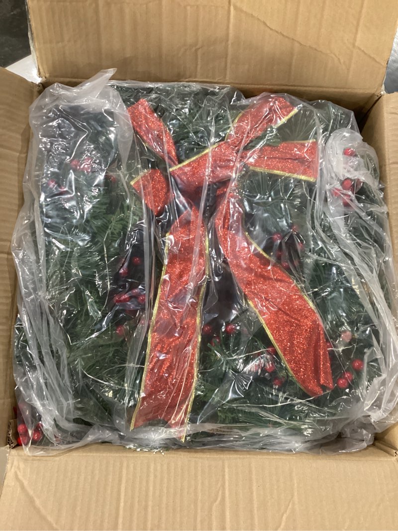 Condition photo showing New/Like New for Christmas Wreath Front Door Wreath - 24 Inch Pre-Lit Outdoor Wreaths for Front Door Battery Operated 55 White Lights Bulbs Christmas Decoration Wall Wreath Outside DiliComing 24IN Green