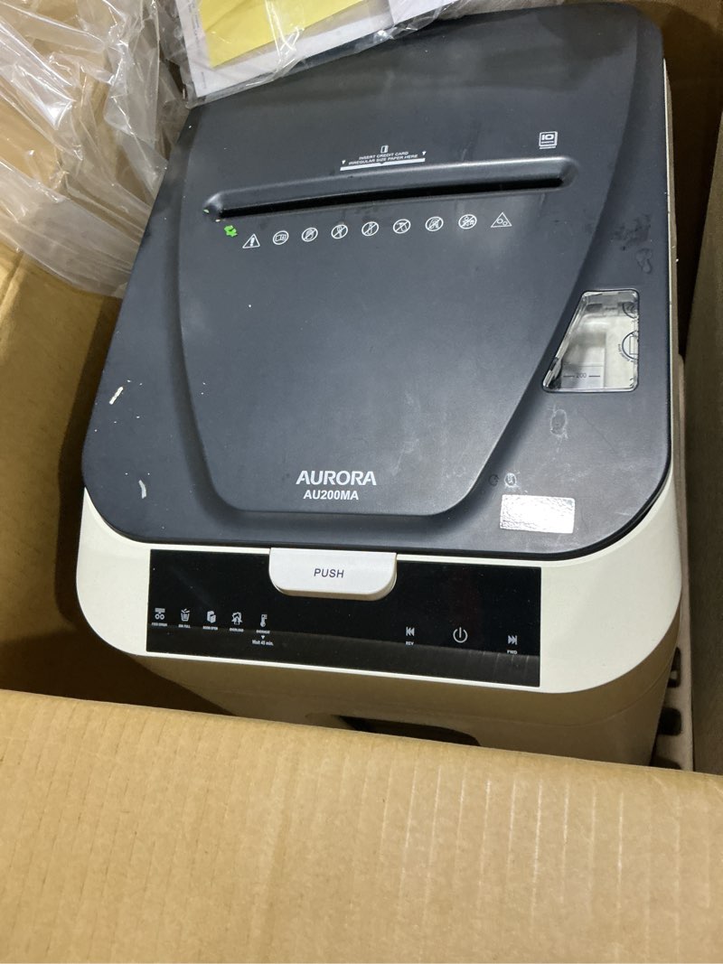 Condition photo showing As Is for aurora commercial grade 200-sheet auto feed high security micro-cut paper shredder/ 60 minutes/security level p-5 200-sheet autofeed microcut microcut