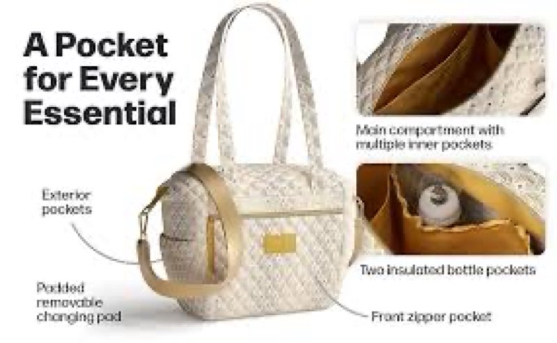 Quilted Tote Bag with Insulated Bottle Pockets - Functional & Fashionable Diaper Bag for Women, Remo