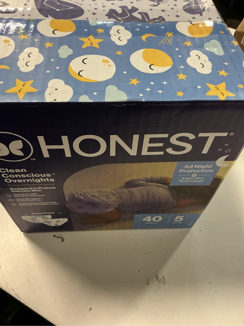 Condition photo showing New/Like New for the honest company comfort dry disposable overnight diapers for sensitive skin, hypoallergenic, baby cozy cloud and star signs design club box size 5 (27 lbs) 40 count size 5 40