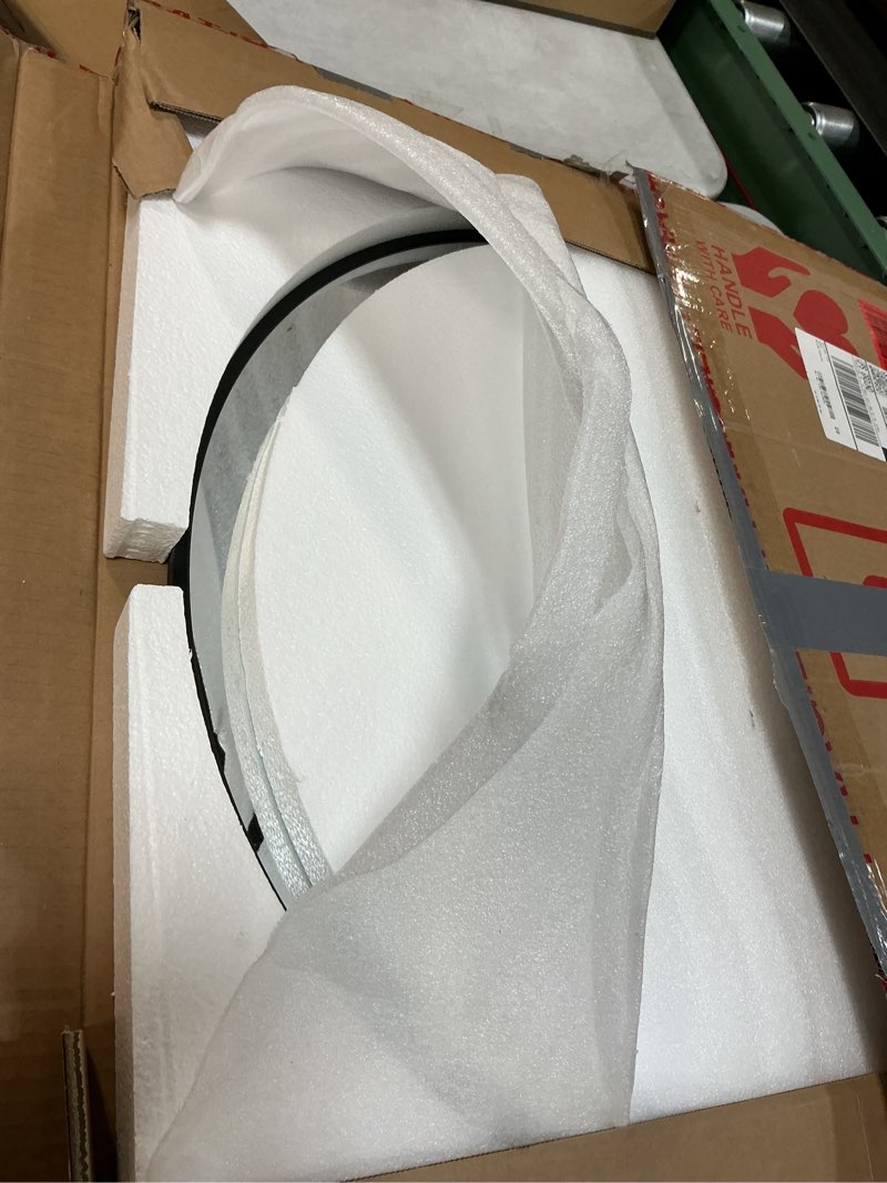 Condition photo showing Good Condition for Round Bathroom Mirror 28 inch, Black Framed Tempered Glass Circle Wall Mirrors, Circular Hanging Wall Mounted Aluminum Alloy Frame for Living Room,Vanity,Entryway Black 28"L x 28"W