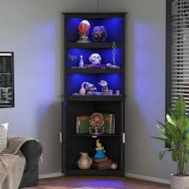 TEENFON Tall Corner Cabinet with LED Lights, Gothic Style Corner Storage Cabinets with Doors, 5-Tier