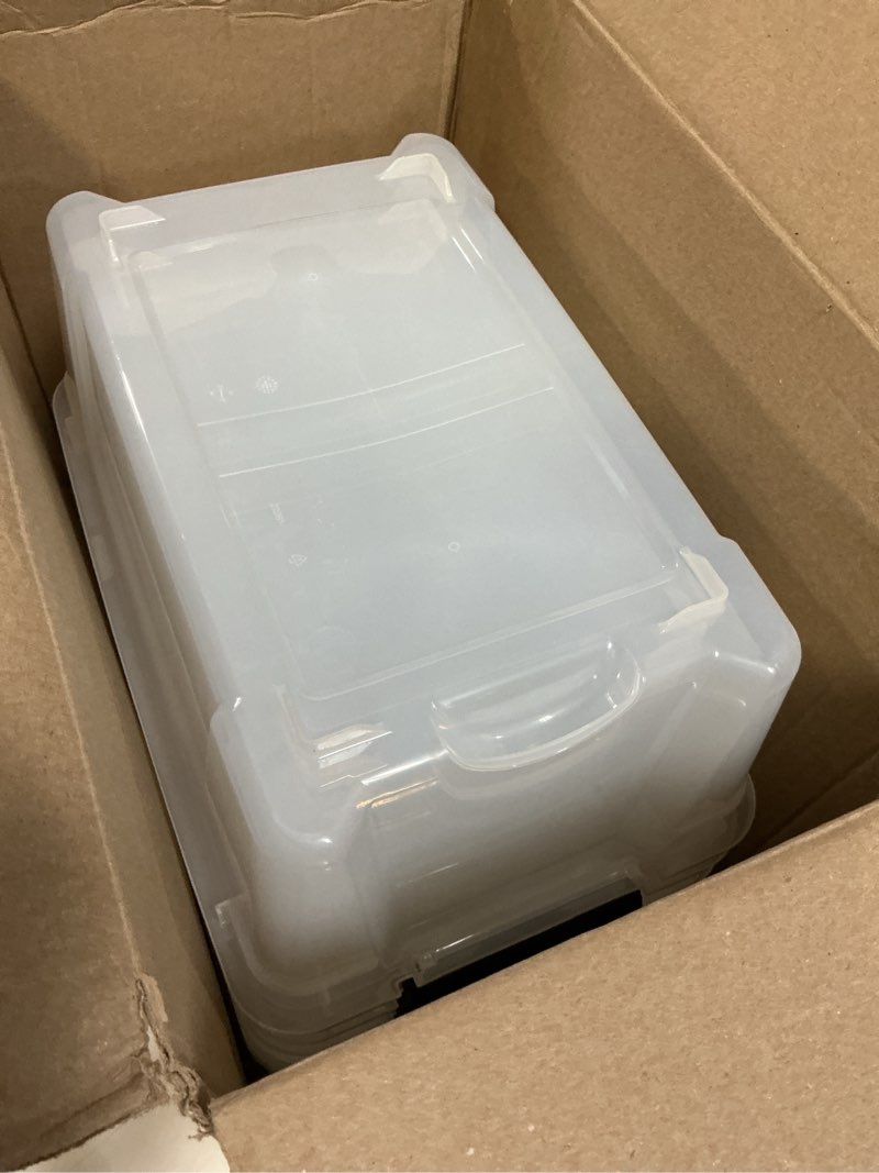 Condition photo showing As Is for IRIS USA 54 Qt Stackable Plastic Storage Bins with Lids, 6 Pack - BPA-Free, Made in USA - See-Through Organizing Solution, Latches, Durable Nestable Containers, Secure Pull Handle - Clear Clear 54 Qt 6 Pack
