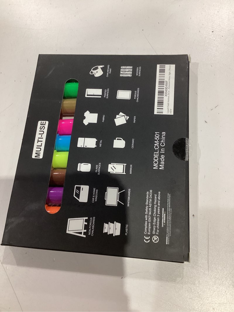 Condition photo showing Good Condition for liquid chalk markers erasable set of 12 colors, neon liquid chalk pens for chalkboard, chalk markers for blackboard fine tip for whiteboard, glass, windows, mirrors, restaurant menu & signs. neon markers for black dry erase board