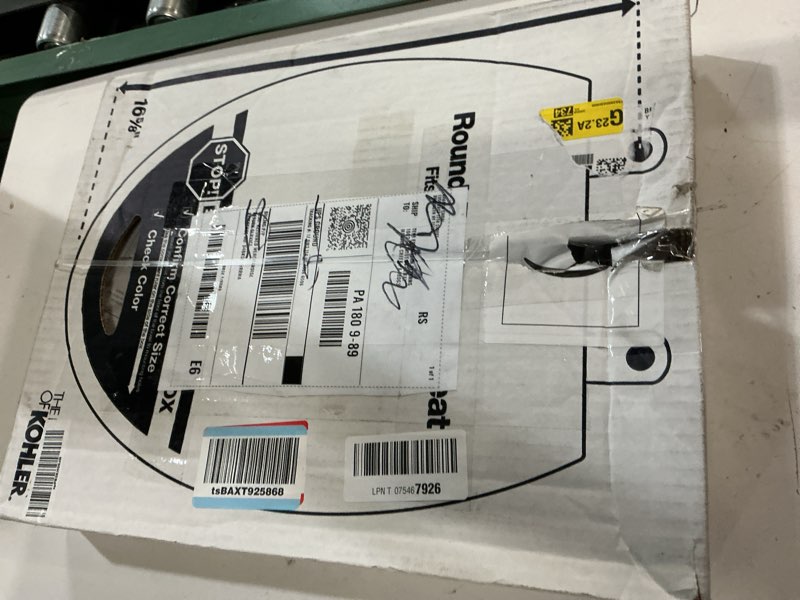 Condition photo showing New/Like New for kohler k-4775-47 brevia round toilet seat with quick-release hinges and quick-attach hardware for easy clean, almond round almond
