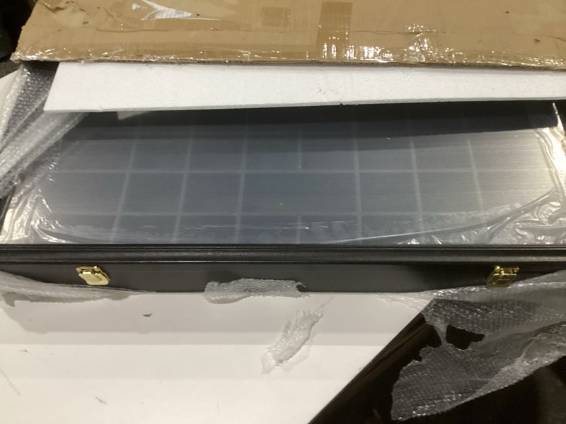 Condition photo showing As Is for shot glass display case 61 slots large capacity holder with hd acrylic front 98% uv protection solid wooden wall mounted cabinet for shot glass collection 61 shot glass case