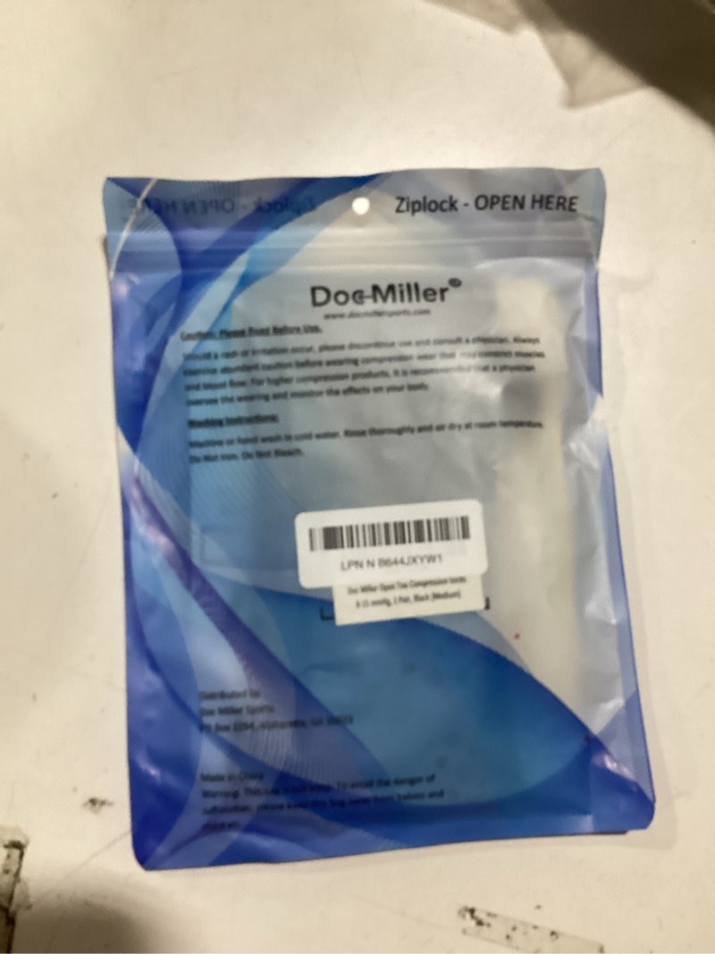 Condition photo showing New/Like New for doc miller, open toe compression socks, 8-15 mmhg, toeless, support circulation, shin splints, calf recovery, varicose veins, knee high, medical grade, black socks, medium size for men & women, pair medium black