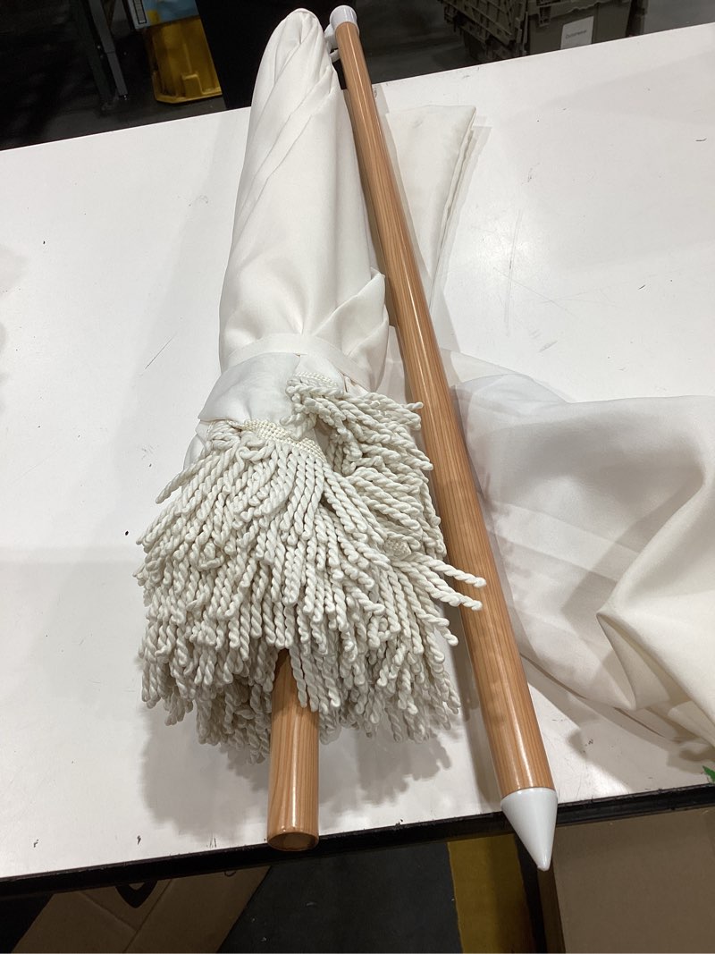 Condition photo showing Good Condition for 6.5ft patio umbrella with fringe, beach umbrella, fringe umbrella outdoor patio with hanging hook, tilting aluminum pole, uv 50+, fiberglass ribs, elegant cream
