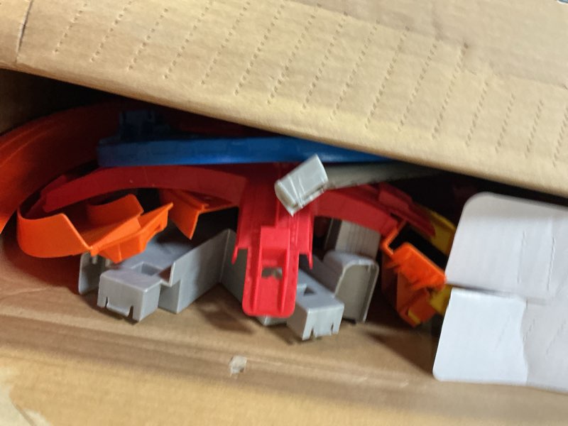 Condition photo showing As Is for hot wheels sky crash tower track set, 2.5+ ft / 83 cm high with motorized booster, orange track & 1 hot wheels vehicle, race multiple cars, gift for kids 5 to 10 years old & up standard