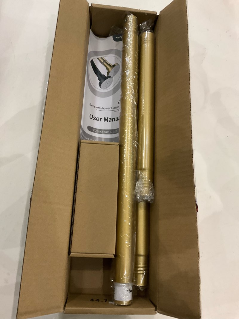 Condition photo showing New/Like New for YNL Gold Shower Curtain Rod 32-64 Inch(2.7-5.33ft), Non-Slip, Never Rust, Stainless Steel No Drill Spring Tension Shower Rod, Adjustable Curtain Rod for Small Window Doorway Closet Gold 32-64Inch